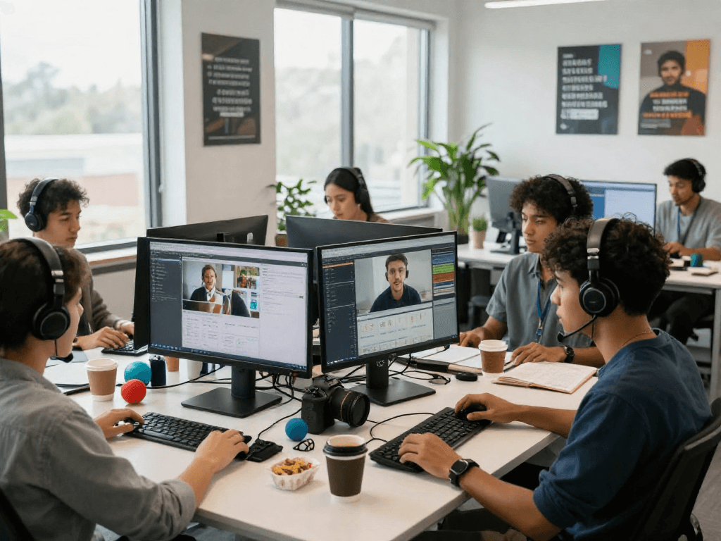 NSFW content moderation team reviewing posts in a professional workspace.