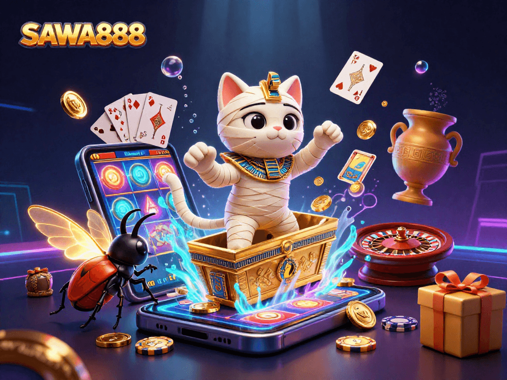 SAWA888 offers exciting slot games as a mummy cat and scarab beetle explore a dazzling casino.