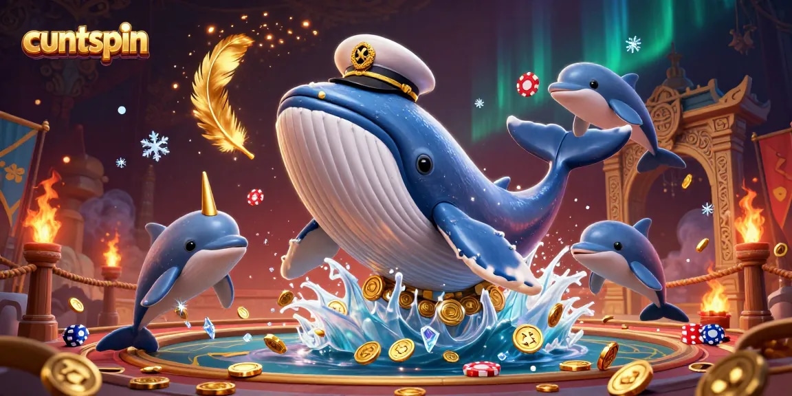 Cuntspin presents a thrilling 3D scene of a whale and narwhal amidst poker chips and gold coins.