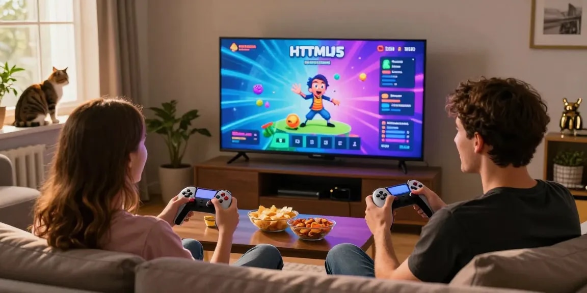 Young adults enjoying HTML5 porn games on TV, cozy gaming atmosphere.