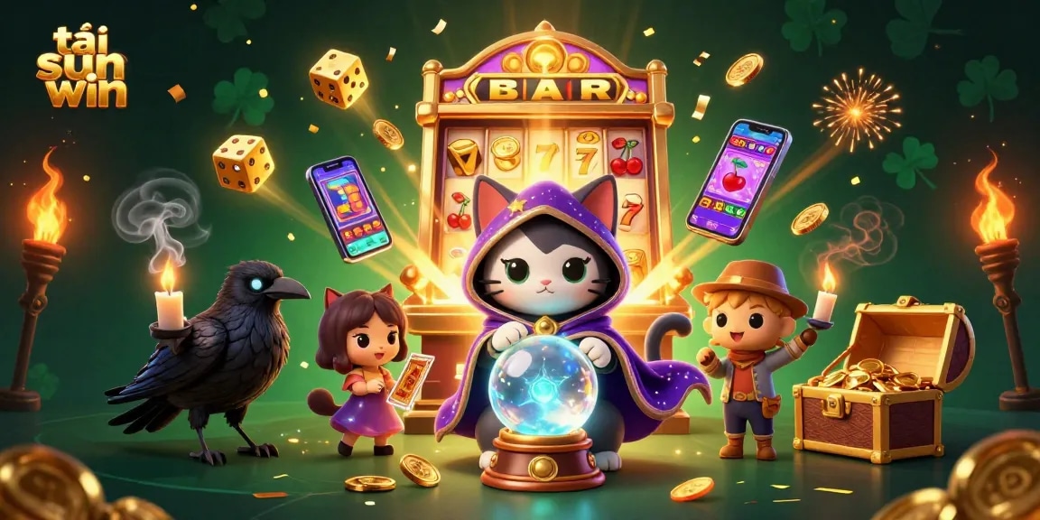 Tải sun win with a mystical cat fortune teller and a tarot raven surrounded by casino elements.