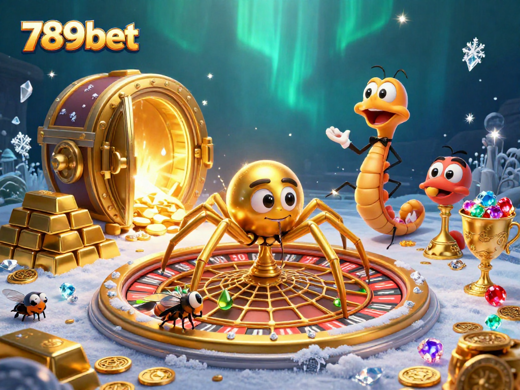 Immerse in the excitement with 789bet as a golden spider spins a roulette-themed web amidst treasures and playful elements.
