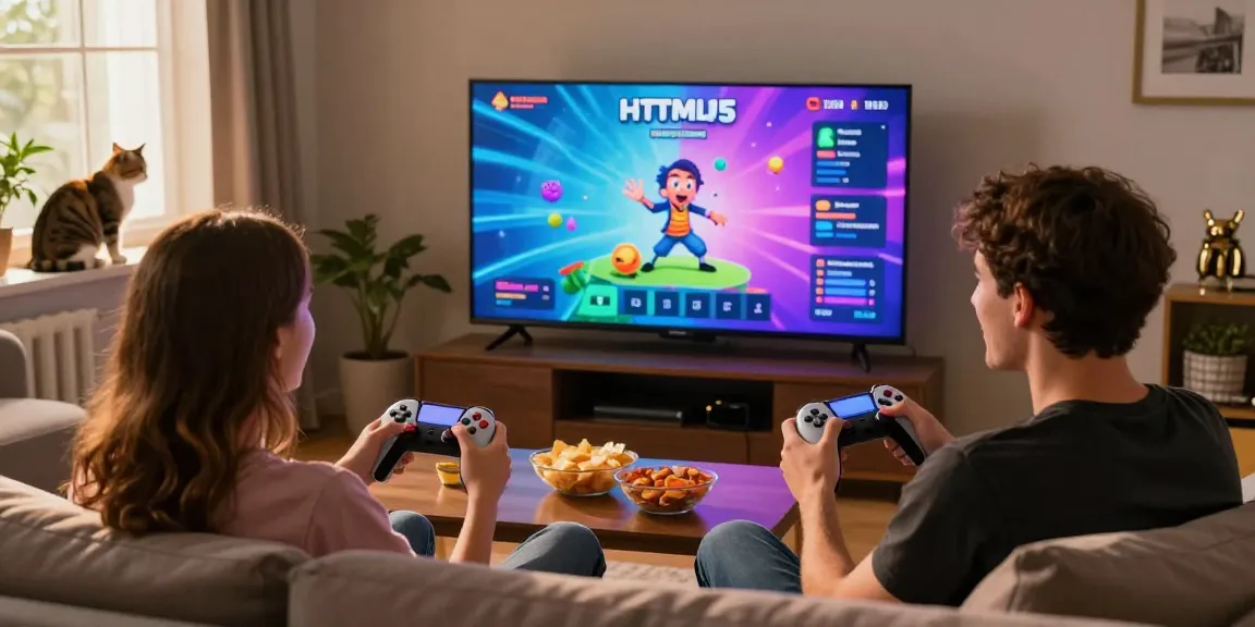 Young adults enjoying HTML5 porn games on TV, cozy gaming atmosphere.
