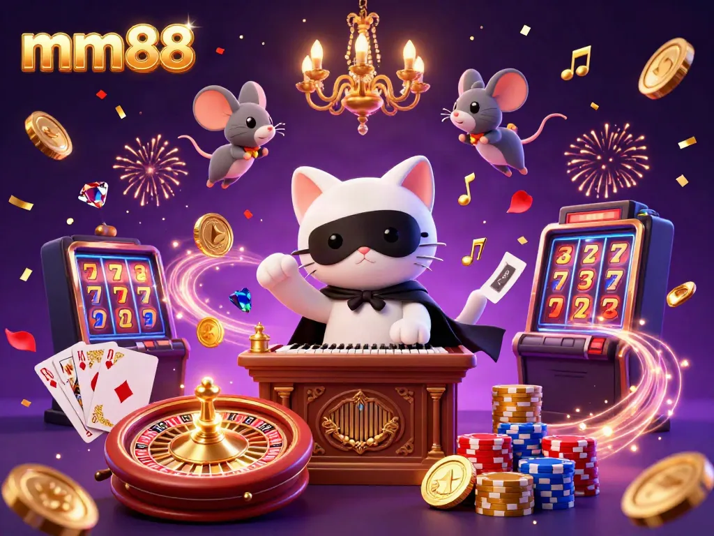 Engage with mm88's vibrant casino scene featuring a phantom cat, mouse acrobat, and dynamic gaming elements.