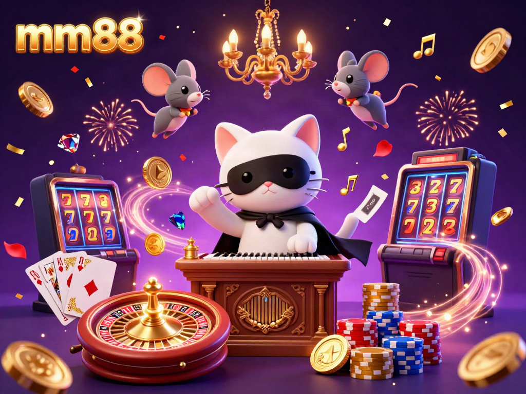 Engage with mm88's vibrant casino scene featuring a phantom cat, mouse acrobat, and dynamic gaming elements.