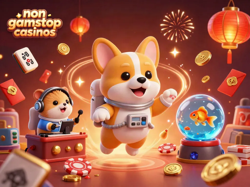 Experience non gamstop casinos in a vibrant, playful 3D scene with animated gaming elements.