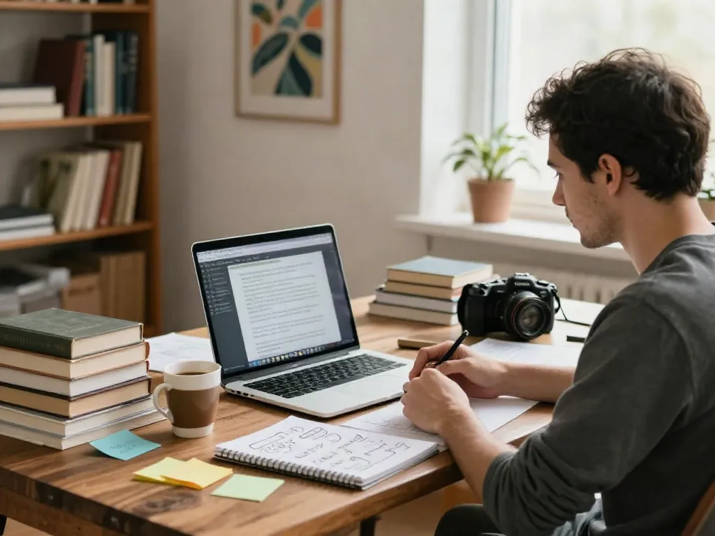 Content creator focusing on writing an article in a cozy workspace with books and notes.