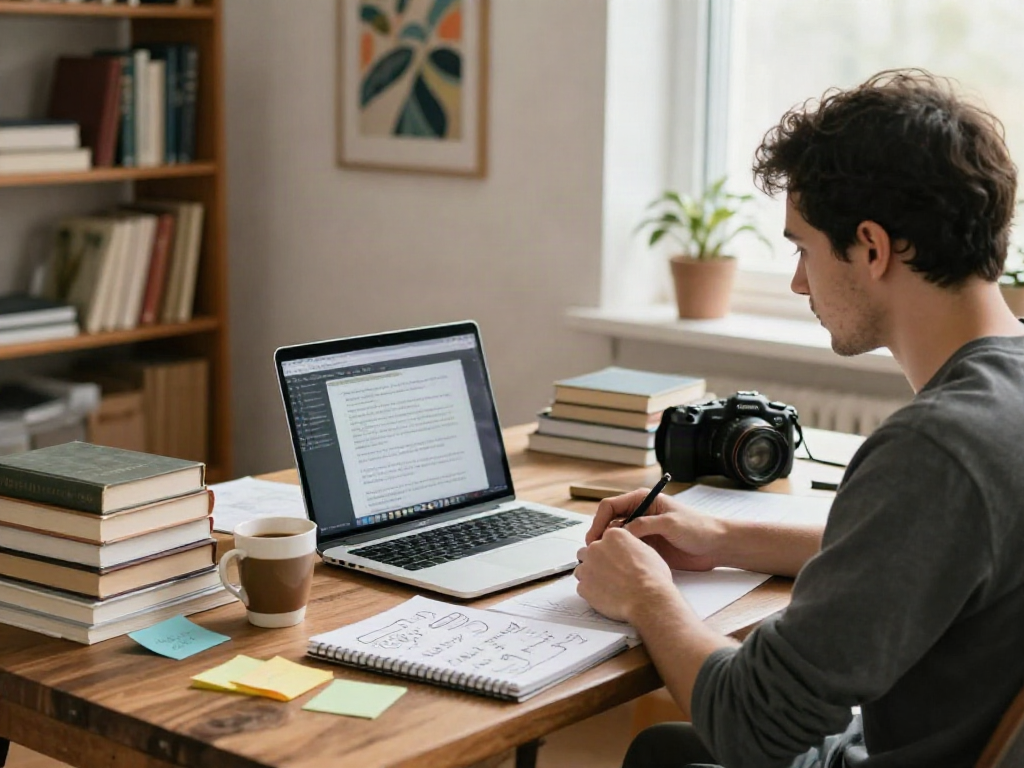 Content creator focusing on writing an article in a cozy workspace with books and notes.