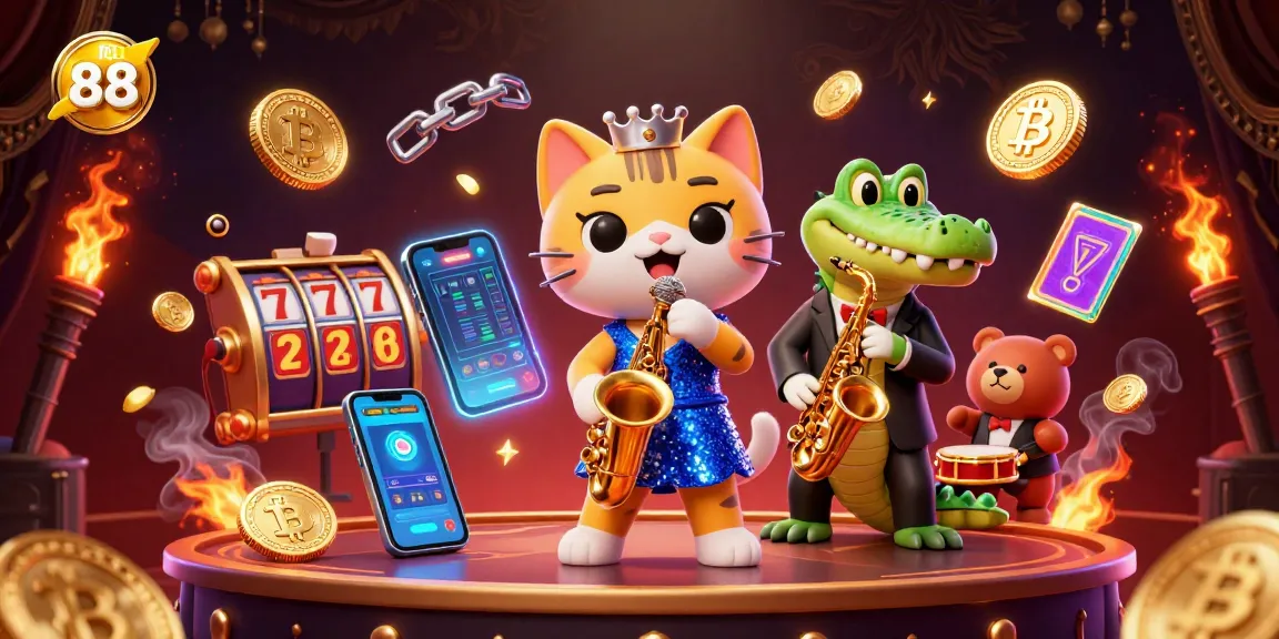 Illustration of vibrant casino scene featuring a jazz-singer cat, saxophone crocodile, and drumming bear promoting net 88.