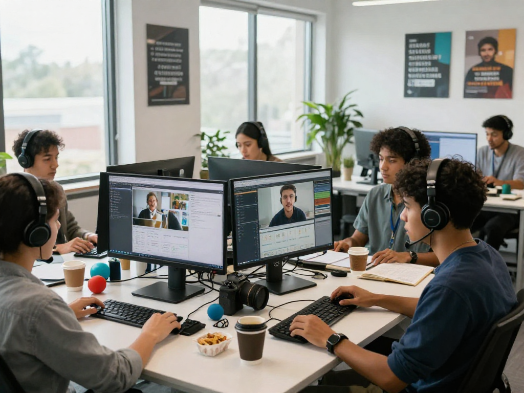 NSFW content moderation team reviewing posts in a professional workspace.