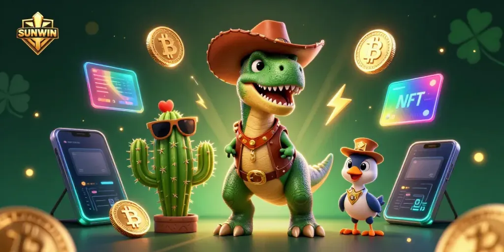 SUNWIN showcases a dynamic 3D scene with a cowboy dinosaur and crypto elements, enhancing your gaming experience.