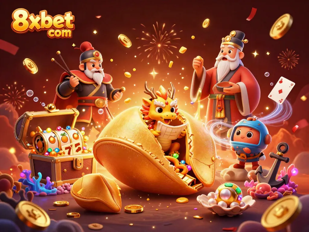 Win big on 8xbet com with a vibrant casino adventure illustration featuring golden fortune cookies and slots.
