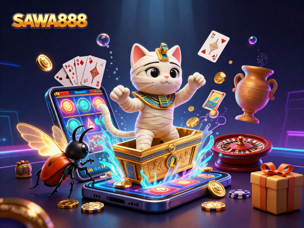 SAWA888 offers exciting slot games as a mummy cat and scarab beetle explore a dazzling casino.
