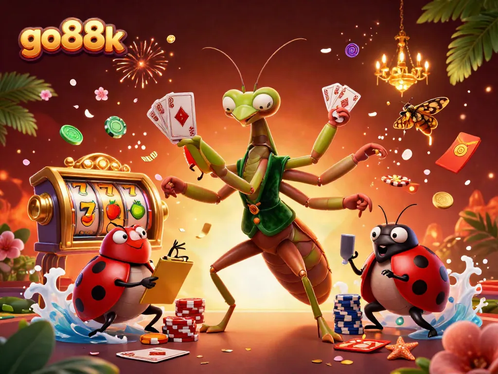 Engage with go88k's vibrant 3D casino scene featuring dynamic characters and game elements.