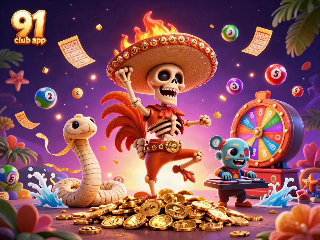 Win big with the 91 club app featuring a festive victory scene with games and vibrant characters.