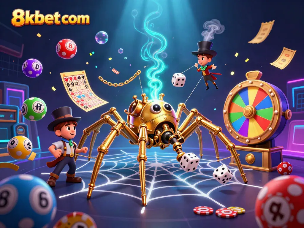 Catch thrilling action at 8xbet com with a steampunk spider and golden web in an exciting casino scene.