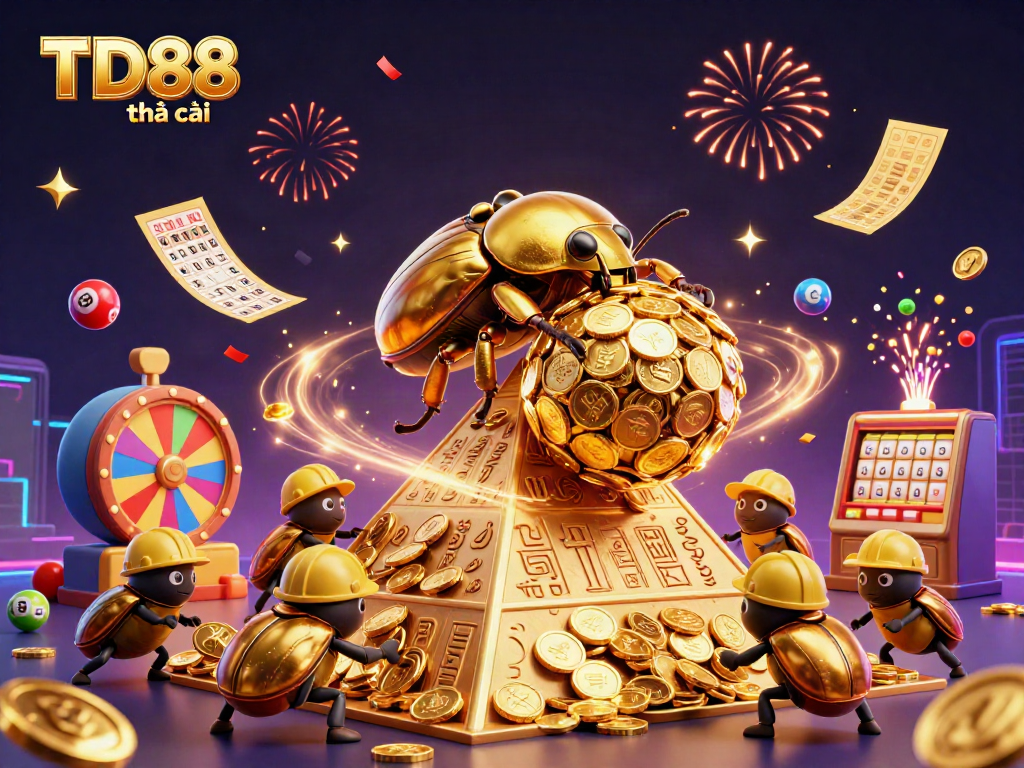 Experience the excitement of TD88 nhà cái with a dynamic 3D illustration of golden beetles and casino elements.