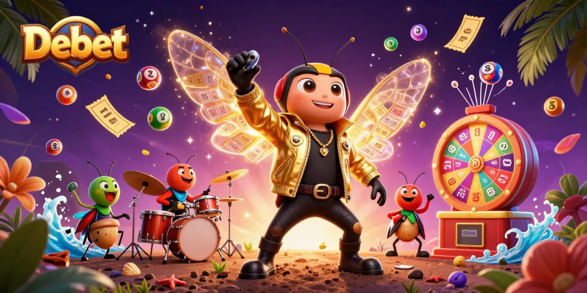 Spin with Debet's vibrant casino world featuring an electric rock star and lively game elements.