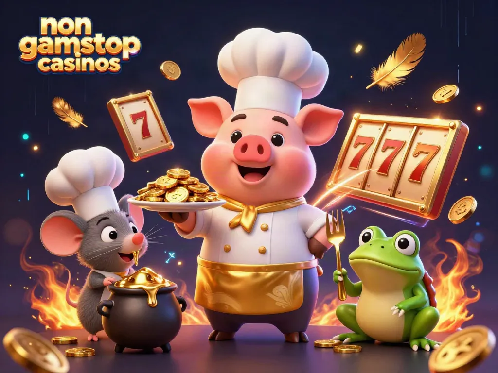 Experience non gamstop casinos with a vibrant casino-themed 3D illustration featuring a chef, sous-chef, and critic.