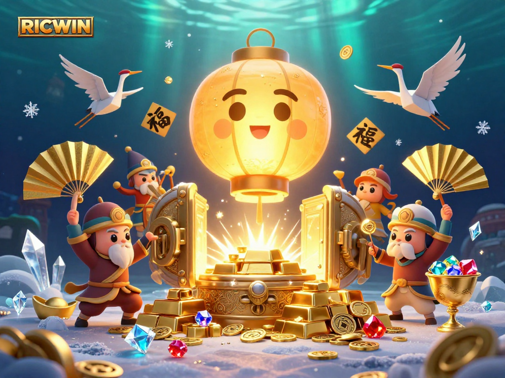 Experience RICWIN: A vibrant 3D casino scene with a glowing lantern spirit and treasures.