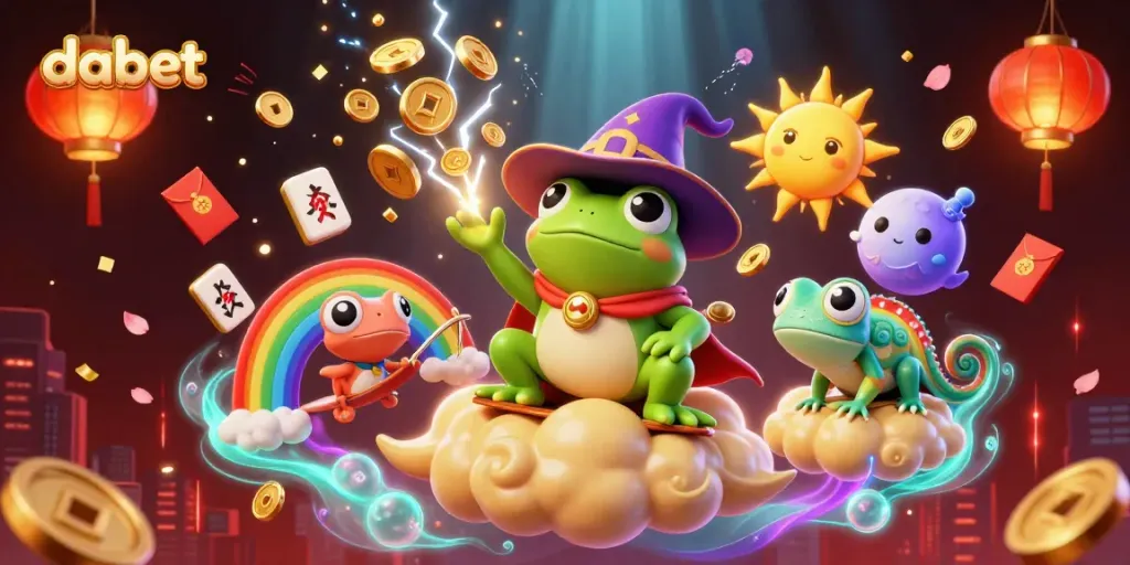 Experience excitement with Dabet's gaming features in a vibrant, colorful digital scene.