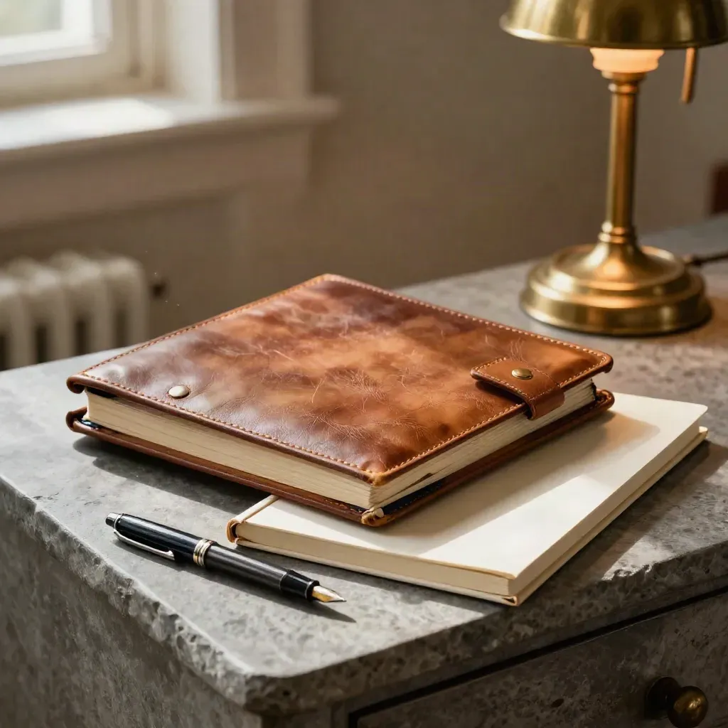 Leather consulting folio with cream notebooks, capped pen and brass lamp on a stone sideboard.