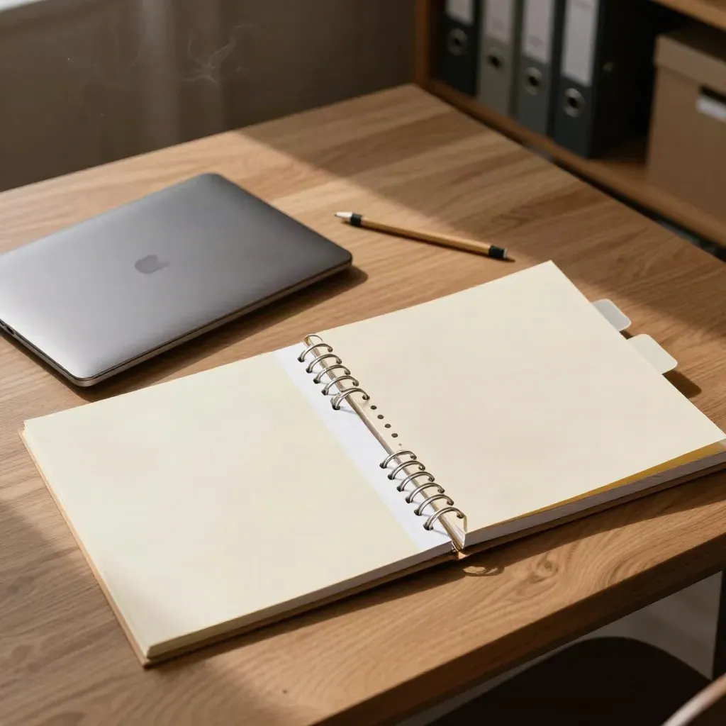 Overhead audit materials on a walnut surface: laptop, folders, binder, pencil, and tabs.