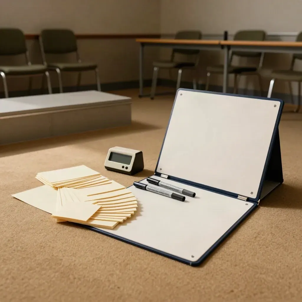 Workshop kit on a khaki floor in a dramatic training room light.