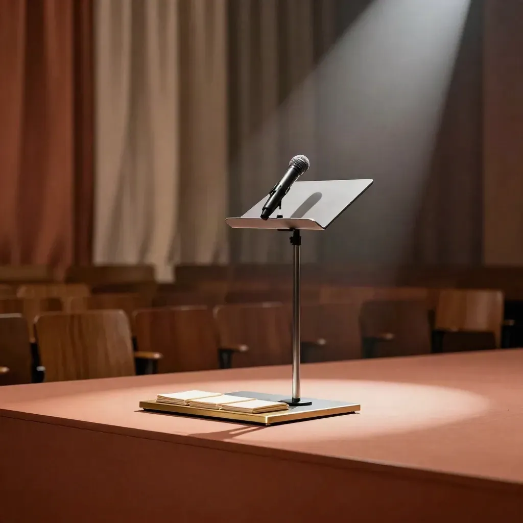 Empty speaking stage with microphone, slim lectern and face-down note cards in warm spotlight.