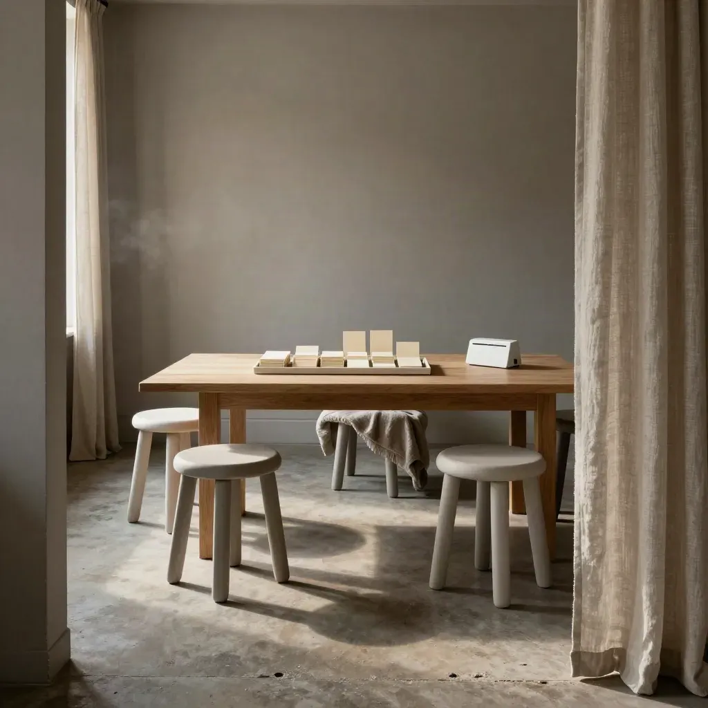 Reset workshop room with four stools, cards and a timer in warm late-afternoon light.