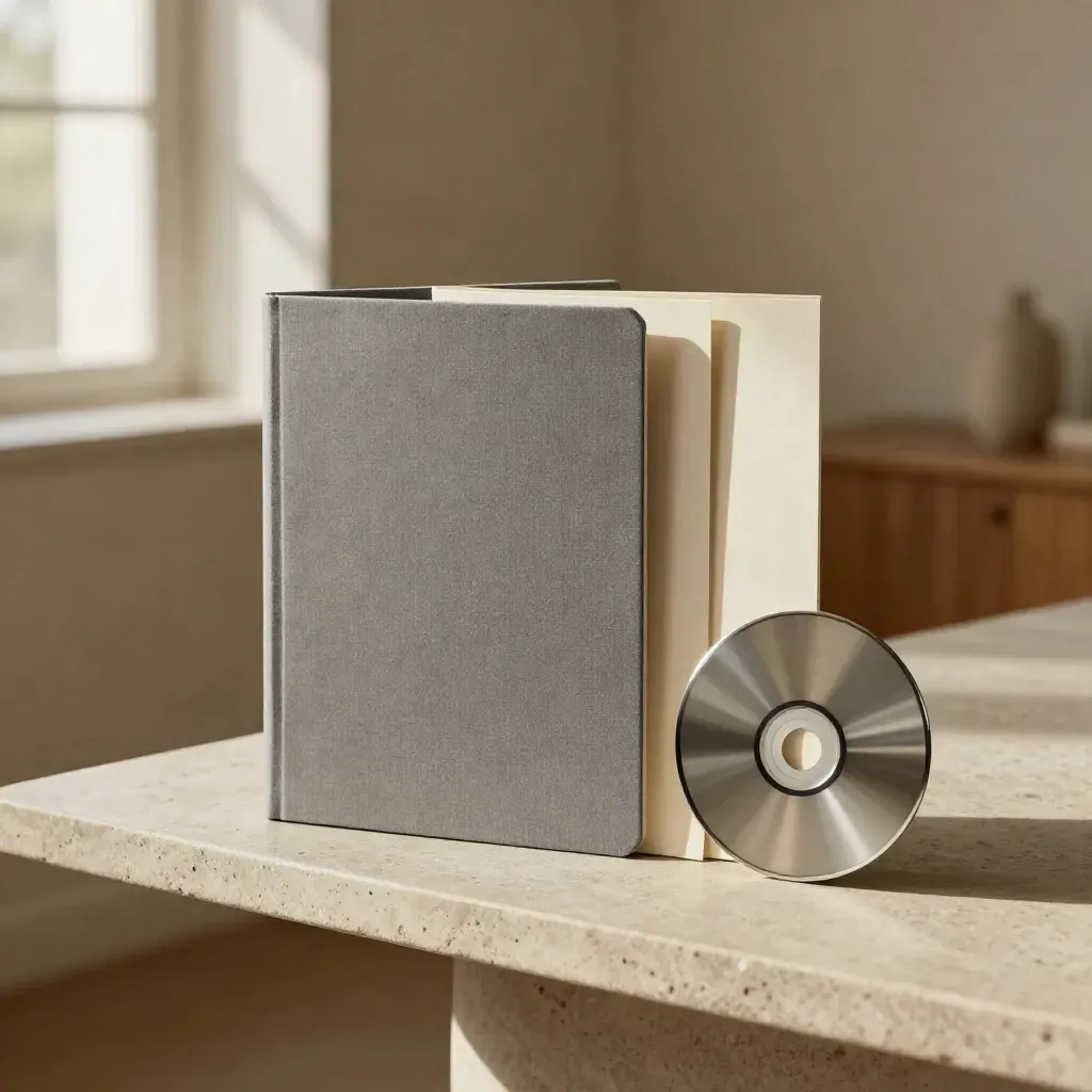 Stone shelf with a linen folder, two aligned cards, and a small metal sample in warm window light.