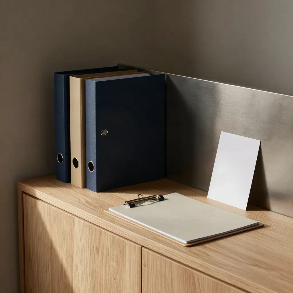 Audit folders, turned clipboard and standing card on an oak shelf in moody daylight