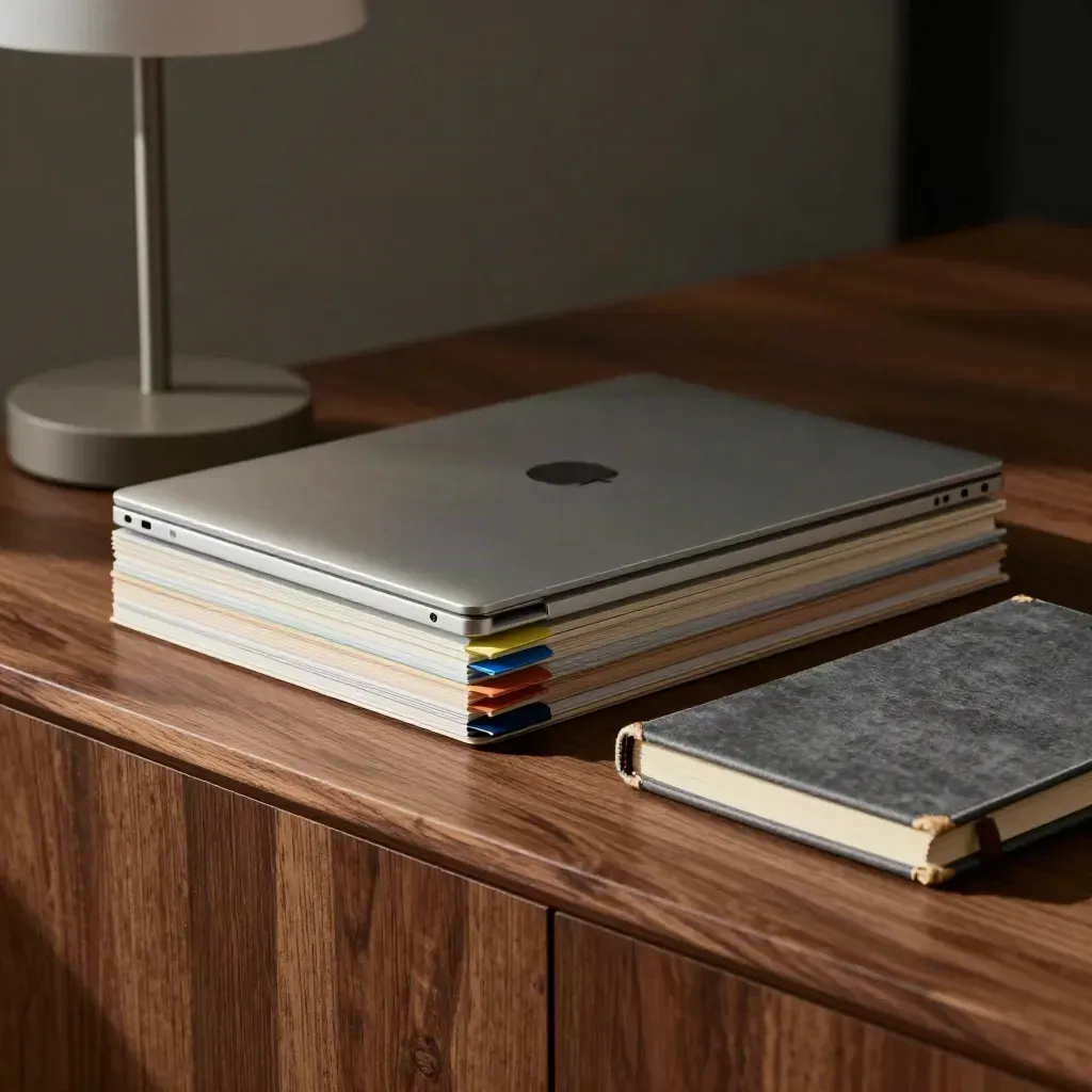 Colour-coded project tabs, closed laptop, lamp base and notebook on a walnut credenza in dramatic light.