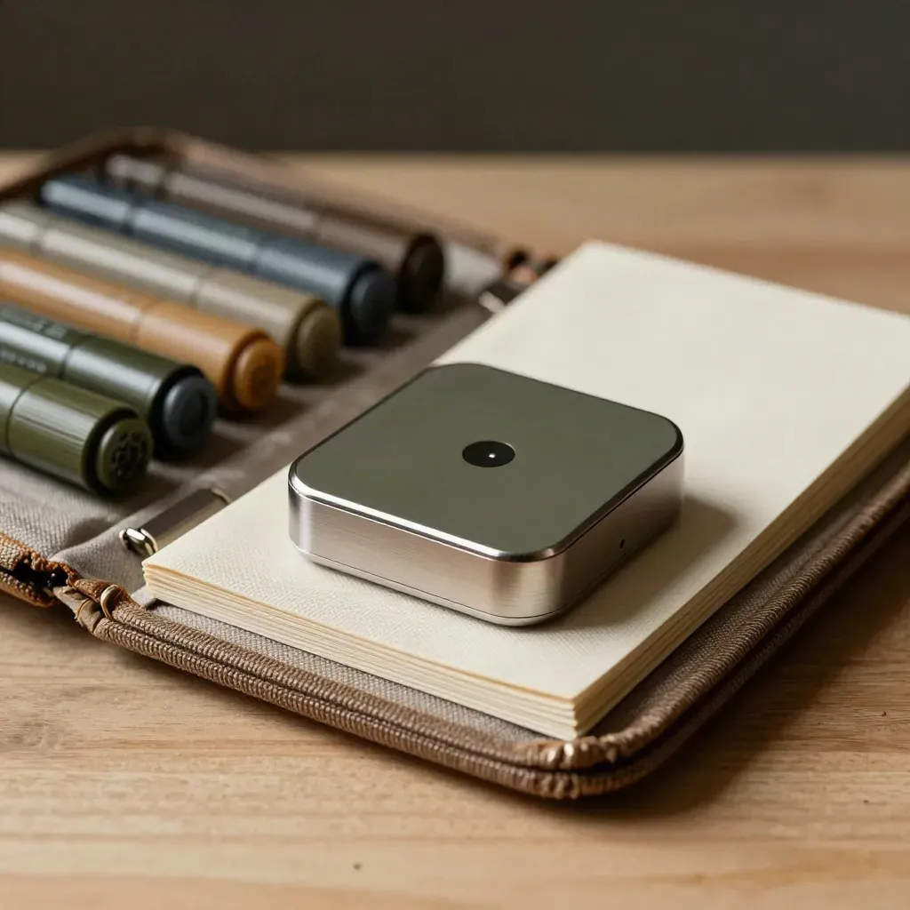 Workshop timer, markers, cue cards and presentation board on a canvas case in moody close-up