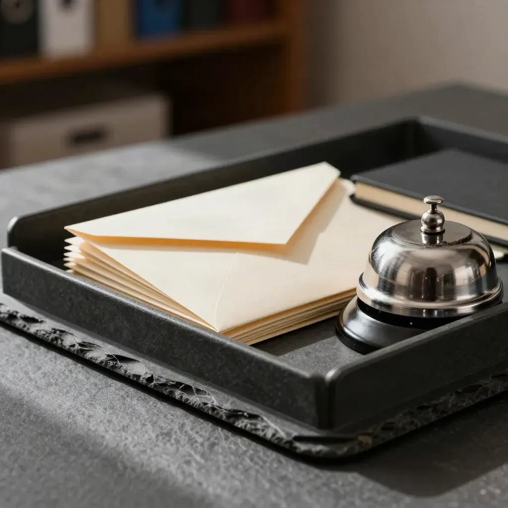 Slate tray with call bell, sealed envelopes and notebook in soft side light.