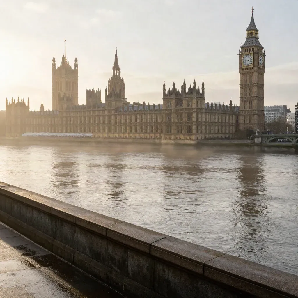 Westminster and the Thames at dawn with mist and calm water