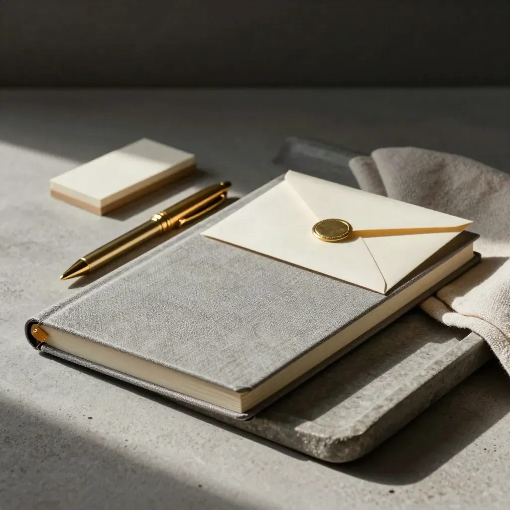 Notebook, pen, envelope and note block on a stone tray with a linen cloth