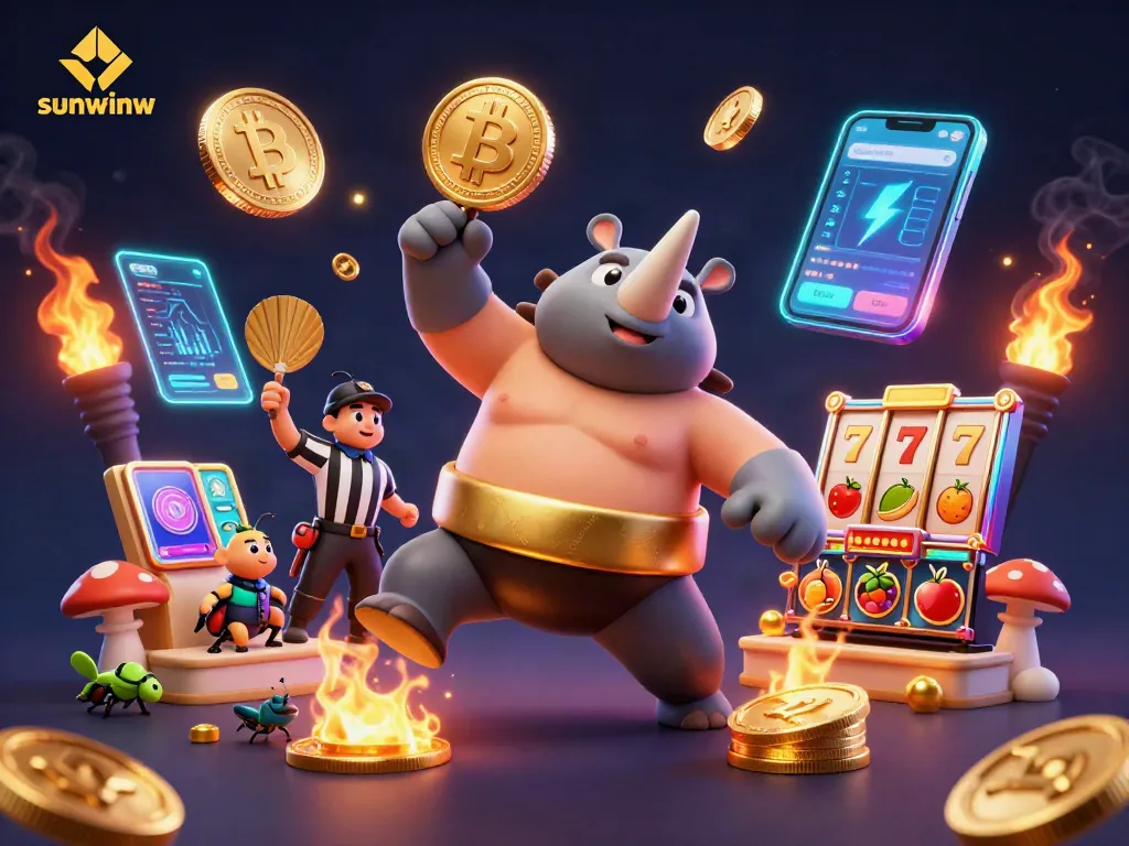 Experience the excitement of sunwinw with a vibrant scene of a sumo beetle champion surrounded by glowing crypto elements.