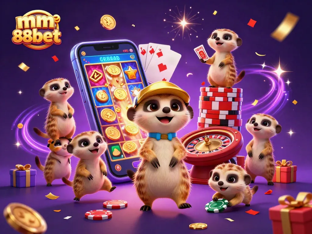 Engage in mm88bet gaming with meerkats running a vibrant casino operation amid colorful slot games.