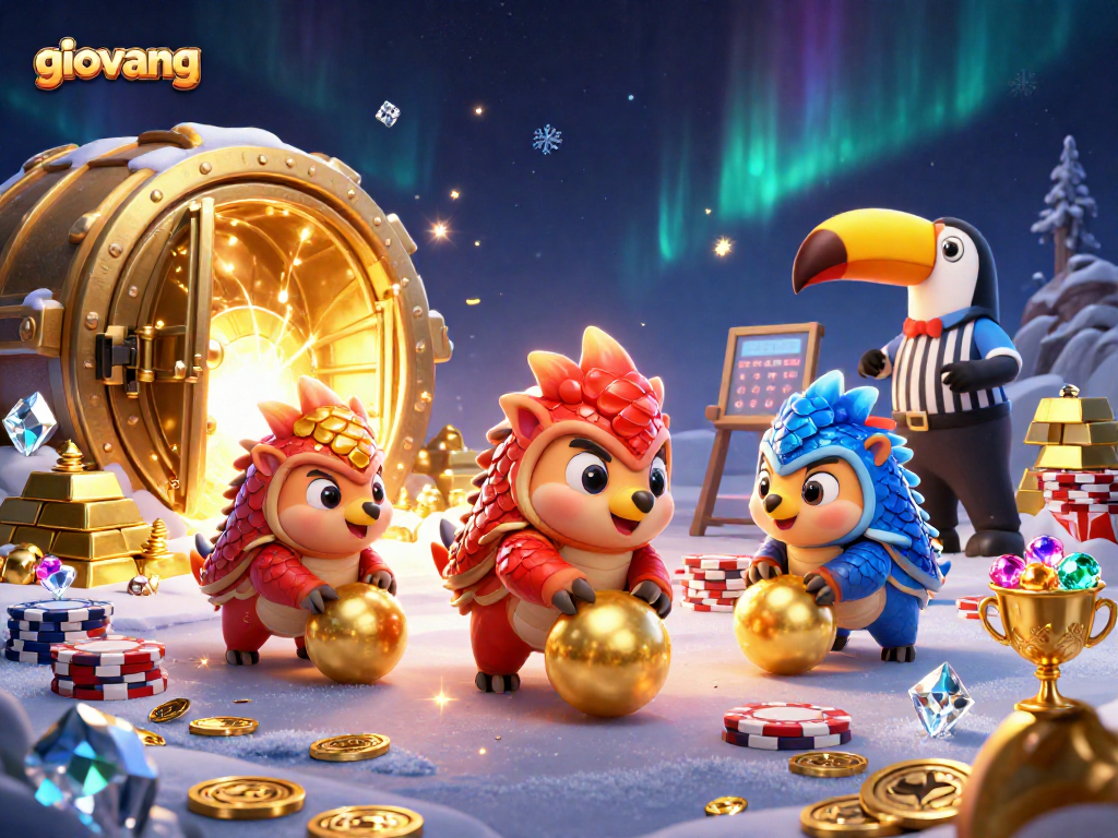 Join the excitement on giovang as rival pangolins roll into golden balls, celebrating the thrilling casino gameplay.