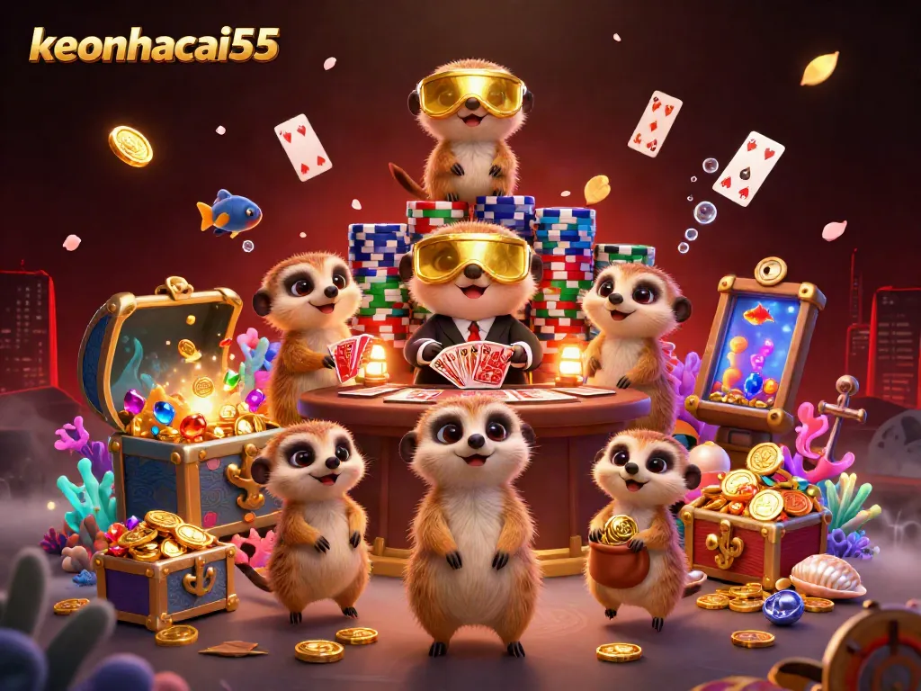 Experience the dynamic gaming action at keonhacai55 with playful meerkats managing a vibrant casino.
