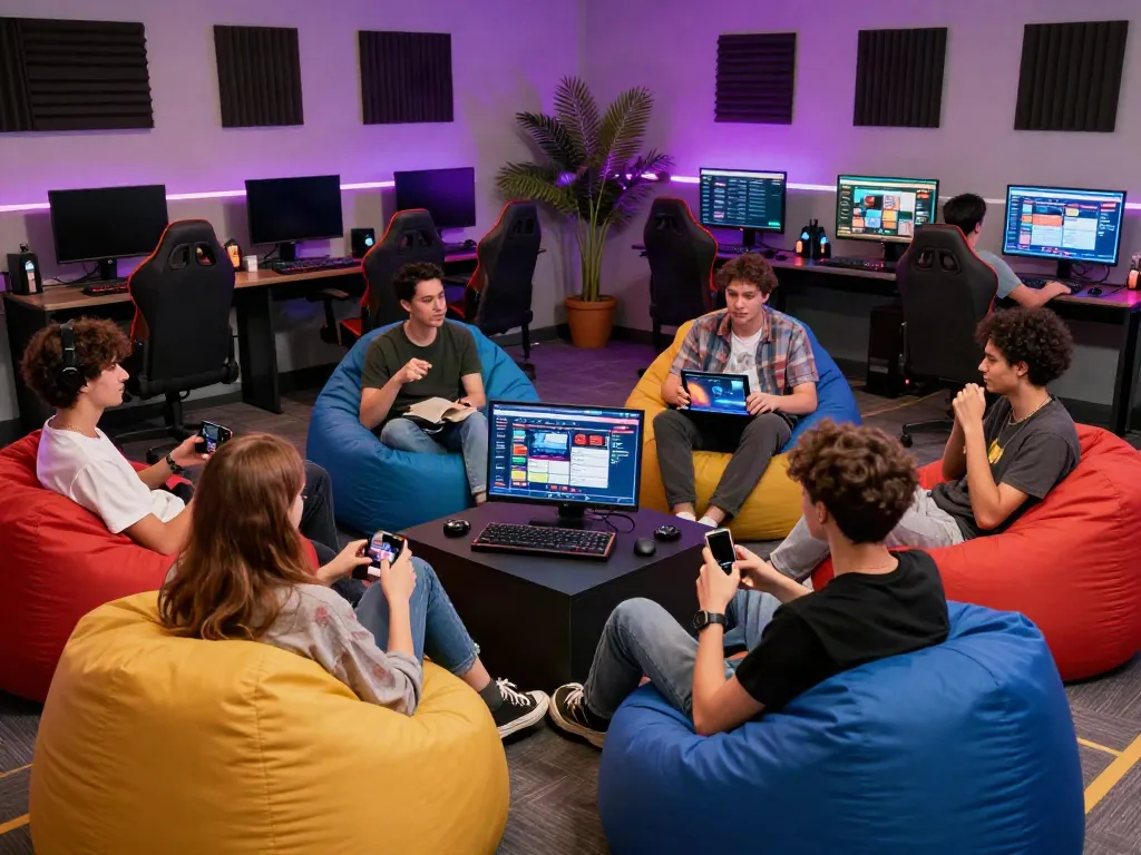 Exciting gaming lounge with friends discussing betting sites not on GamStop.