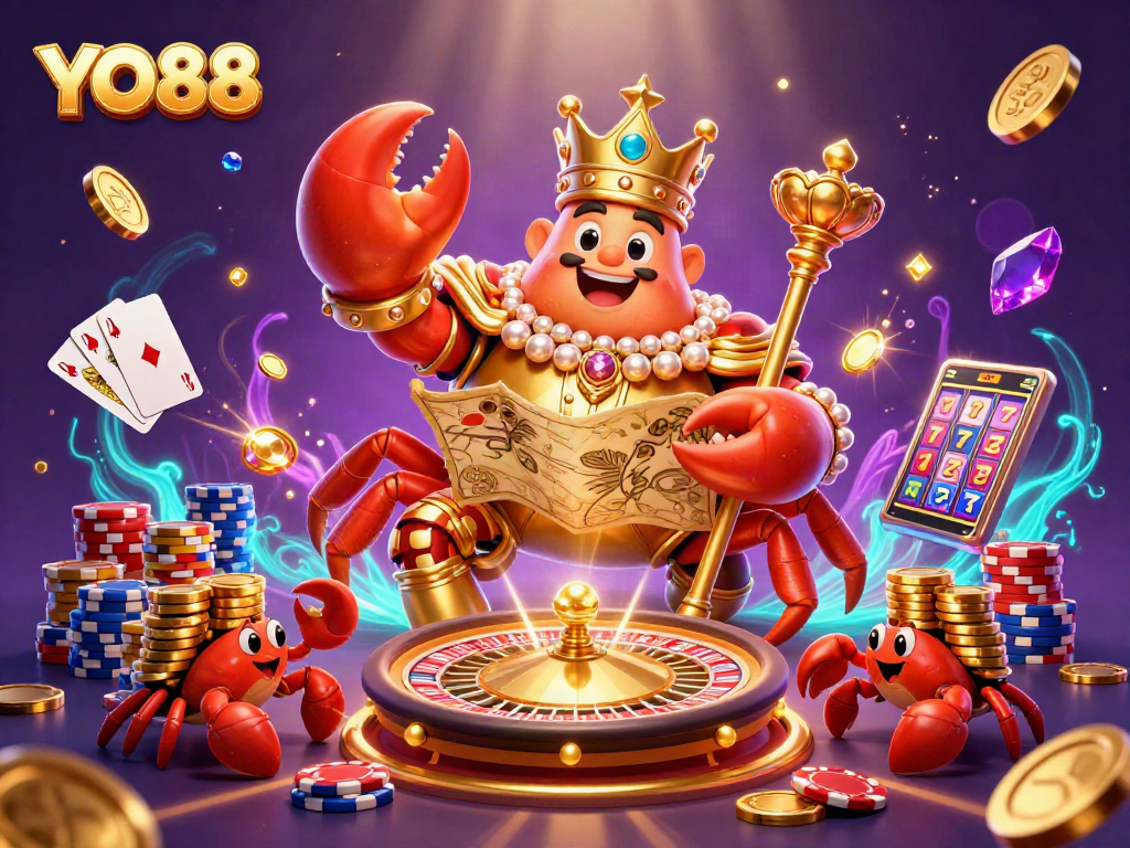 Experience thrilling moments at YO88 with a massive golden crab emperor amidst sparkling casino treasures.