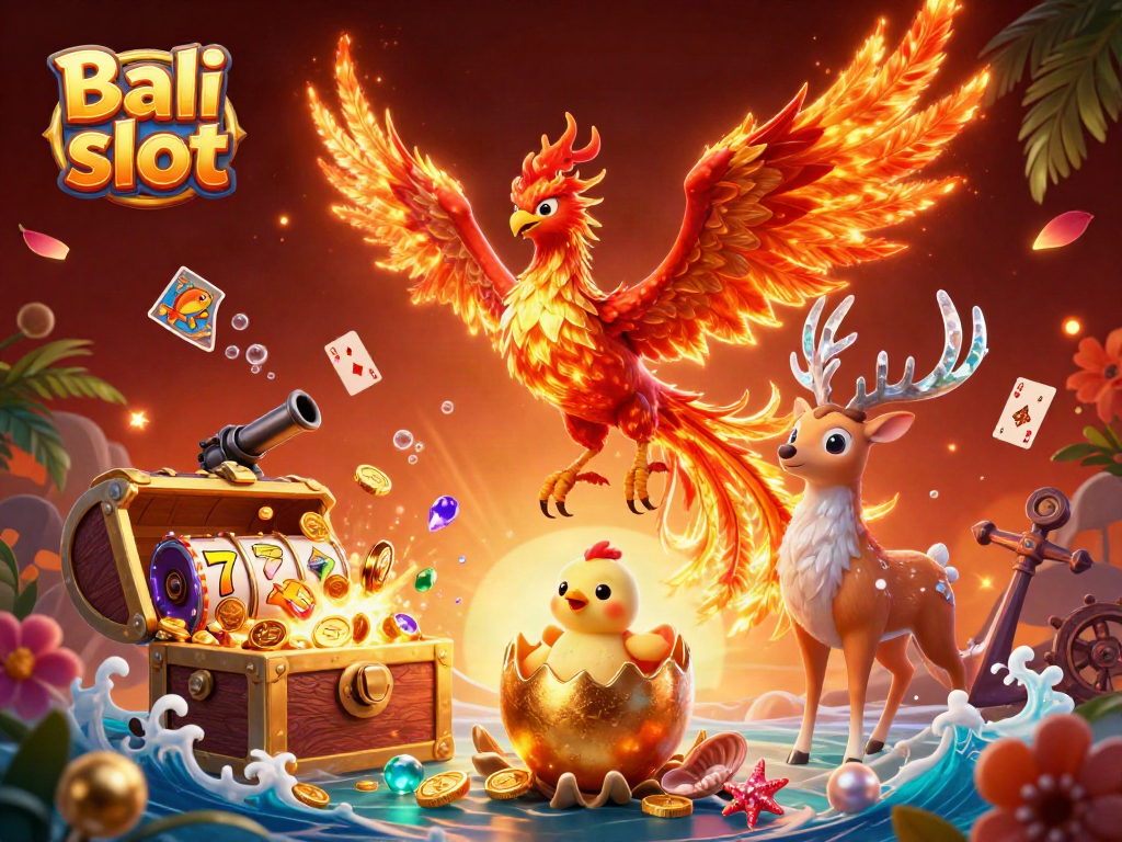 Experience the thrill of Bali slot with a serene phoenix and treasure-filled casino backdrop.