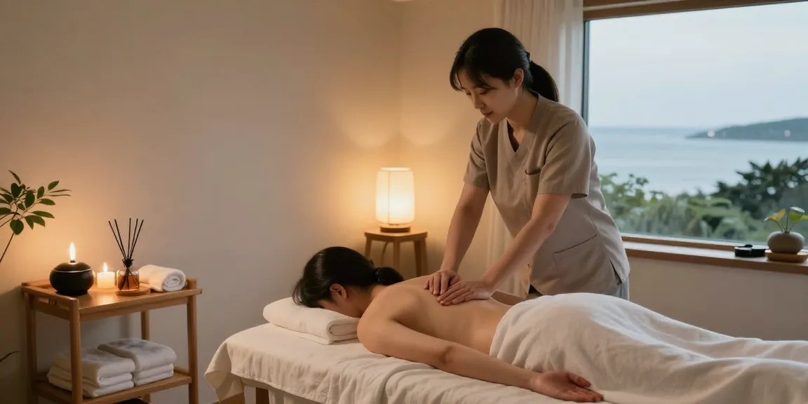 Relaxing Swedish massage in Yeongjongdo, peaceful therapist client environment, soothing ambiance and natural decor.