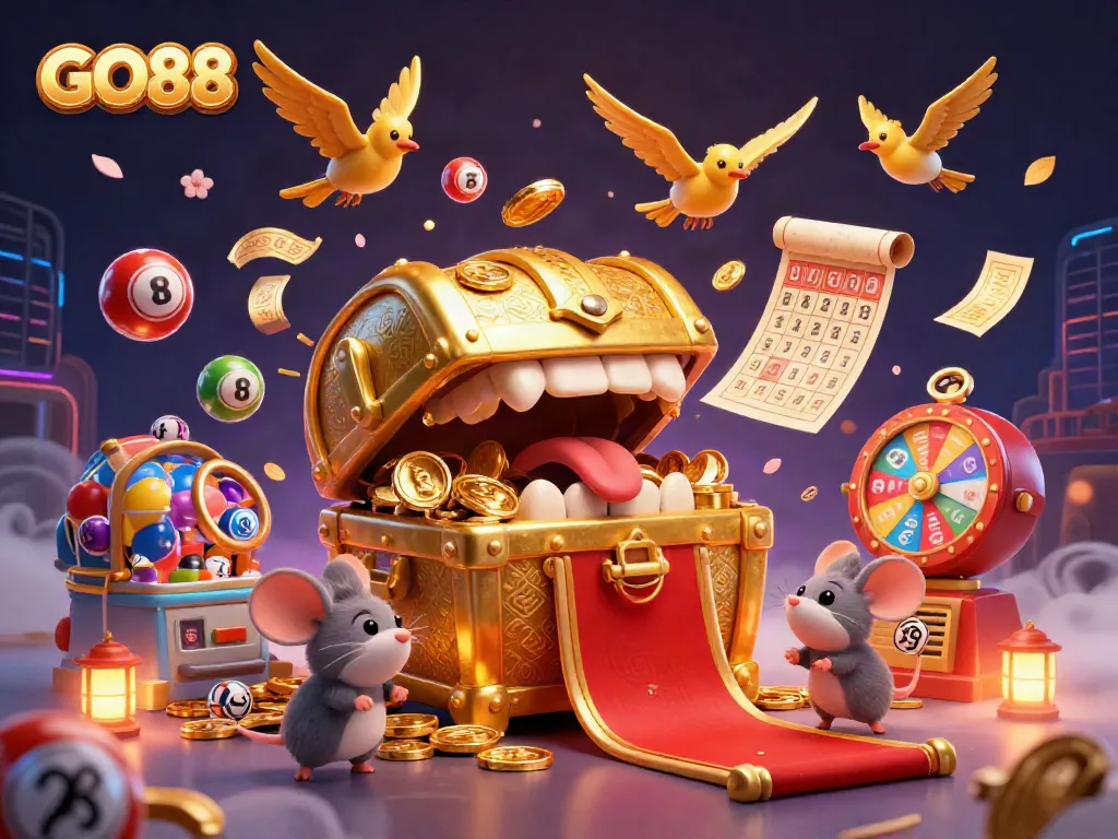 Experience the excitement of GO88 with vibrant lottery elements and a charming treasure chest, drawing in adventurous mice.