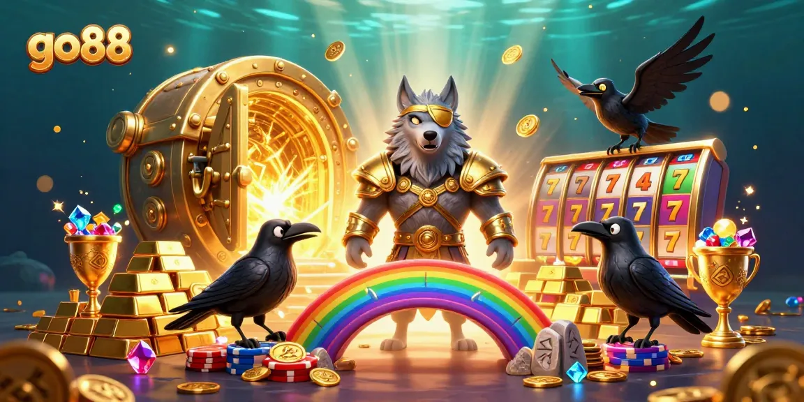 Experience the excitement of go88 with a dynamic 3D casino scene featuring Odin and ravens amidst fortune symbols.