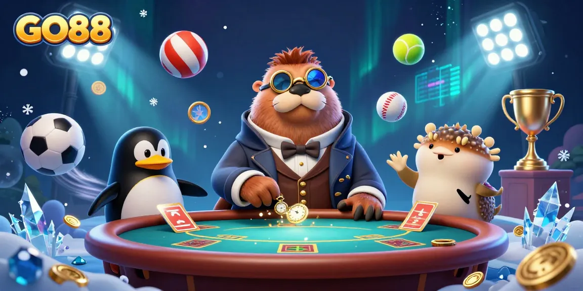 Engaging GO88 gaming scene with walrus, penguin dealer, and pufferfish at an underwater poker table.