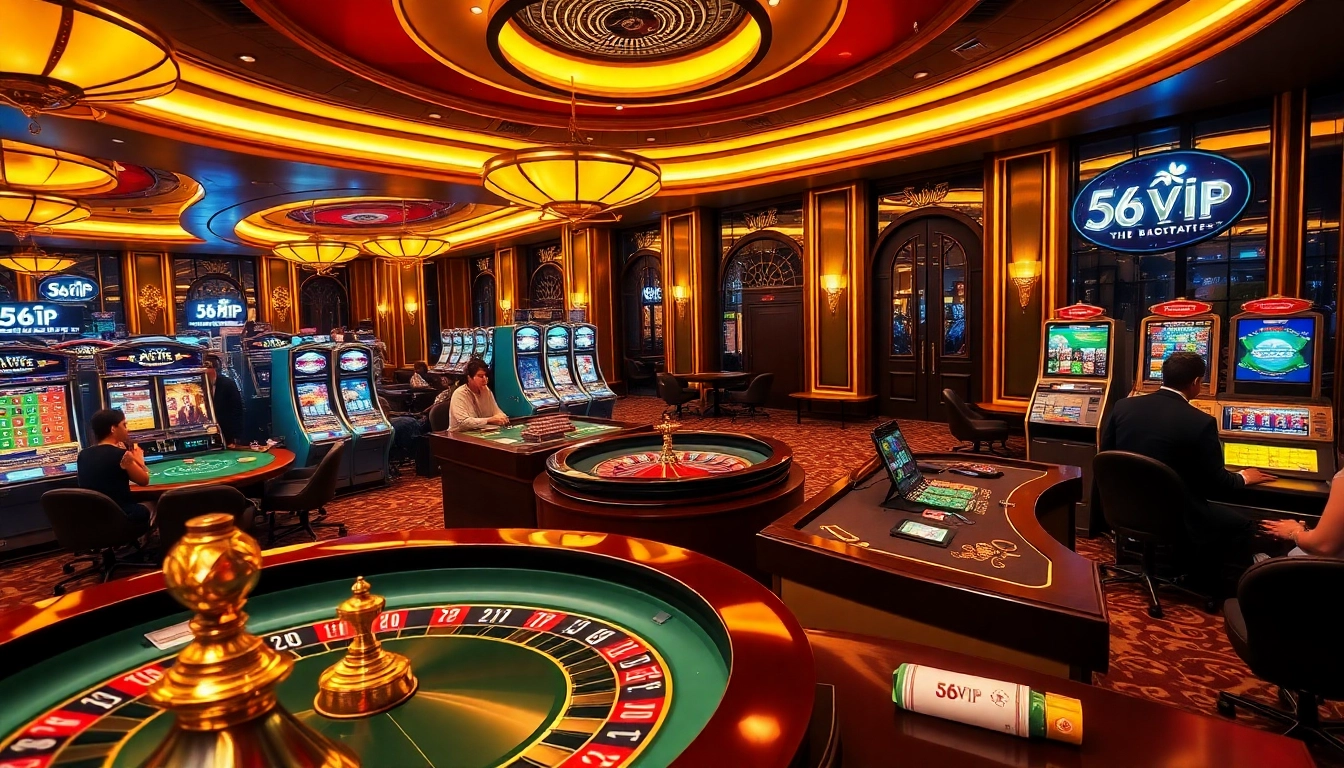 Players enjoying a thrilling experience at the 68VIP casino with roulette and poker tables.