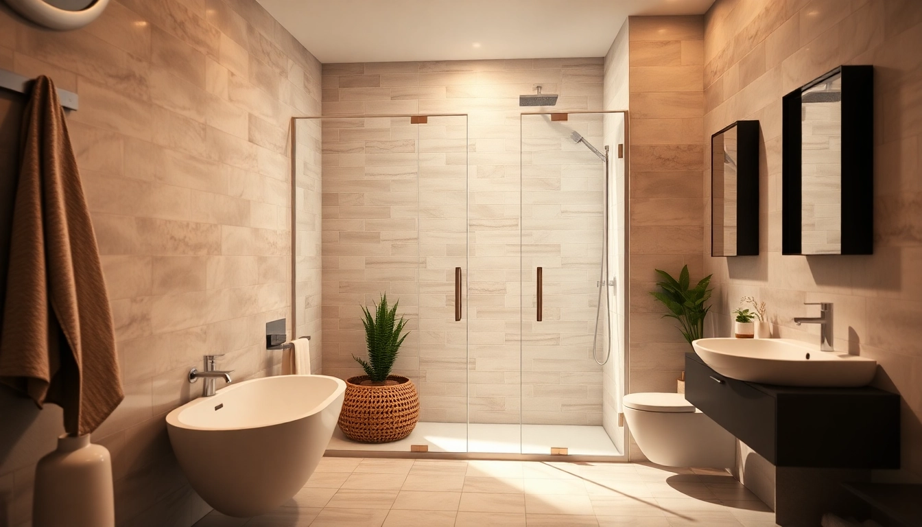Elevated view of sleek shower doors sliding in an elegant bathroom setting.